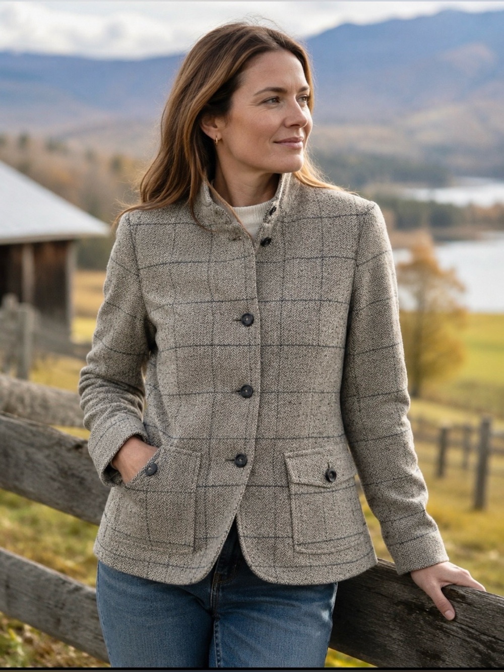 L.L. BEAN Taupe Windowpane Tweed Wool-Blend Storm Collar Jacket